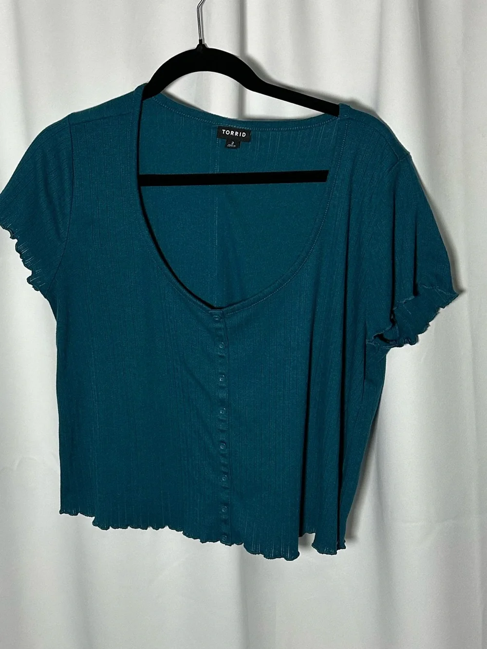 Torrid Teal Ribbed Button-Front Short Sleeve Top crop